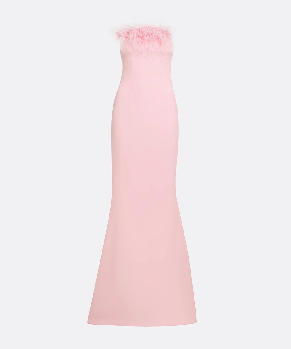 Blush Pink Strapless Feather Bust Mermaid Maxi Evening Gown