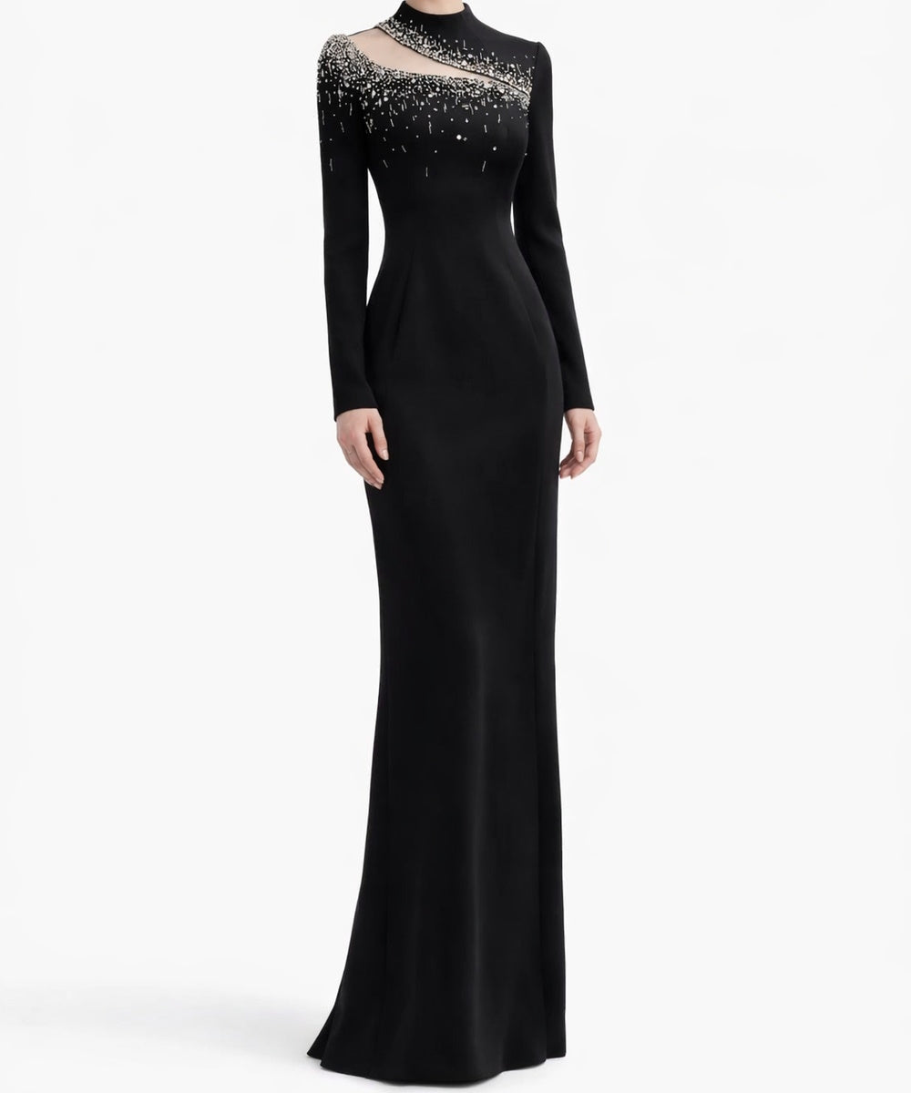 Black Asymmetric Mesh Cutout Rhinestone Long Sleeve Mermaid Evening Gown