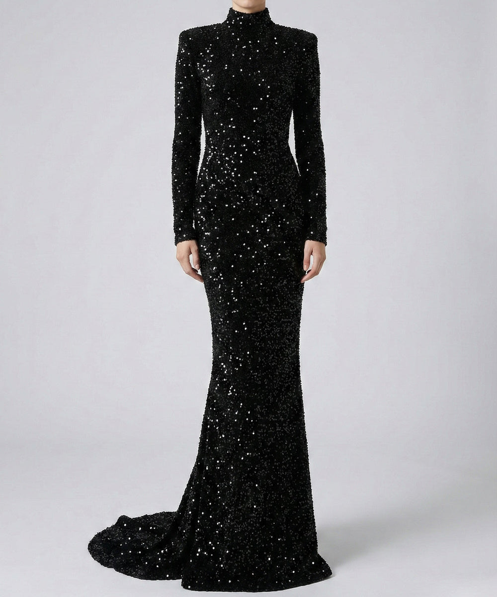 Black Sequin High Neck Long Sleeve Mermaid Evening Gown With Train
