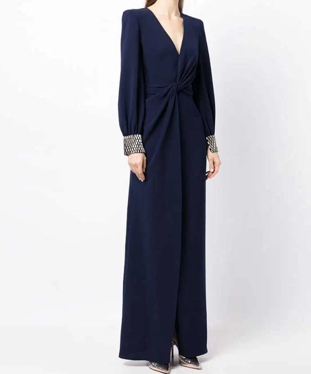 Navy Deep V Twist Waist Beaded Cuff Long Sleeve Maxi Evening Gown