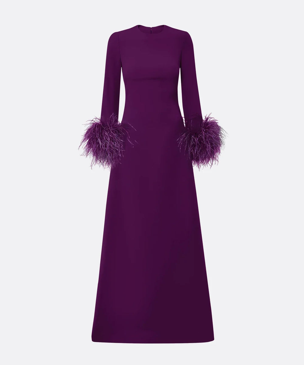 Violet Round Neck Long Sleeve Ostrich Feather Cuff Column Maxi Evening Gown