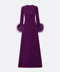 Violet Round Neck Long Sleeve Ostrich Feather Cuff Column Maxi Evening Gown