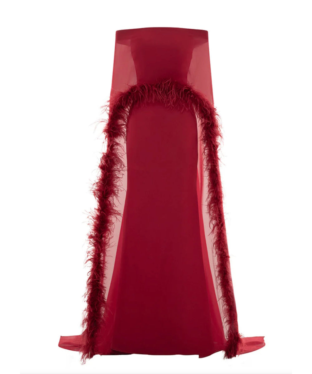 Burgundy Off Shoulder Mermaid Gown With Feather Trim Cape