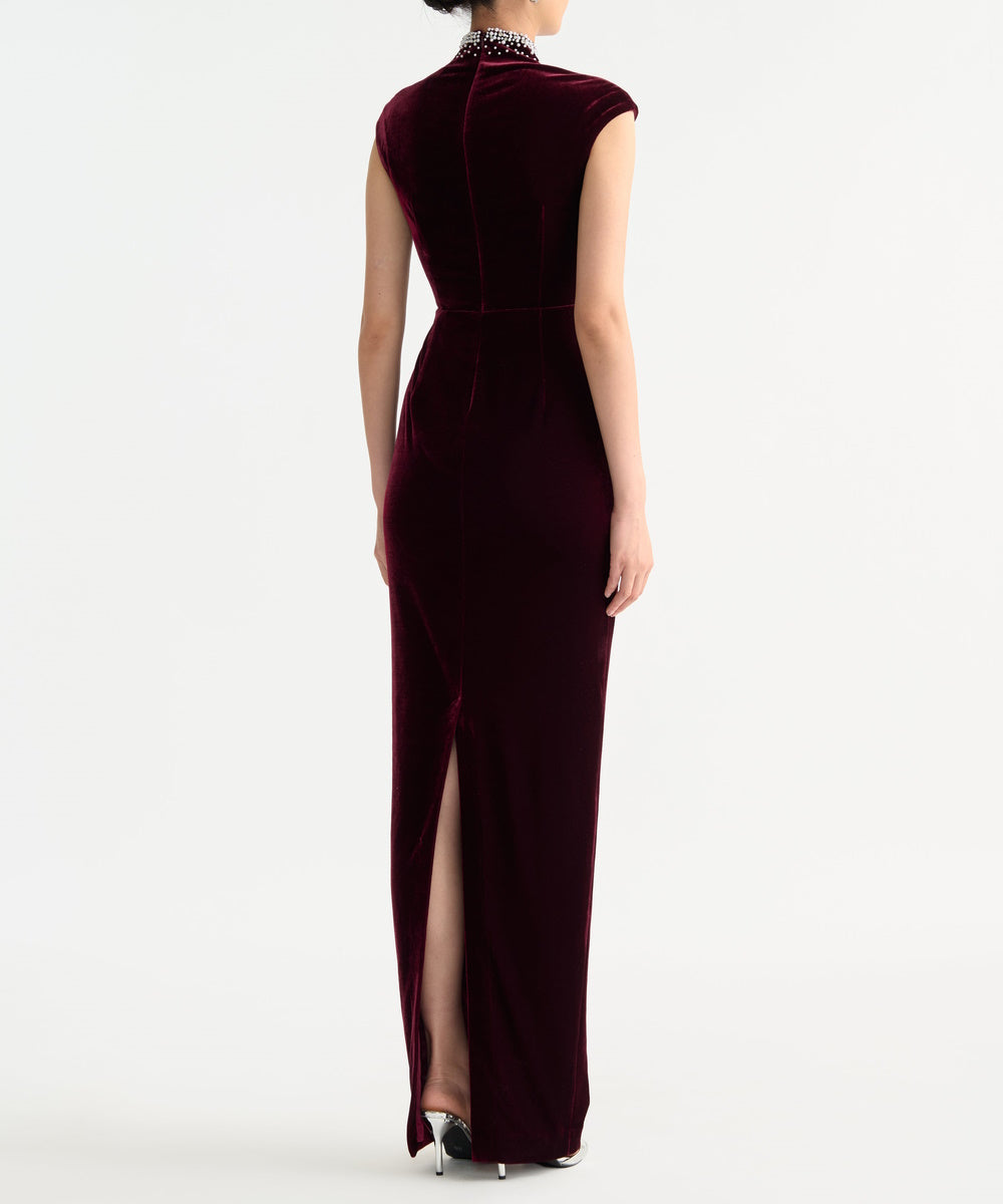 Burgundy Velvet Qipao Style Column Gown With Rhinestone Beaded Collar