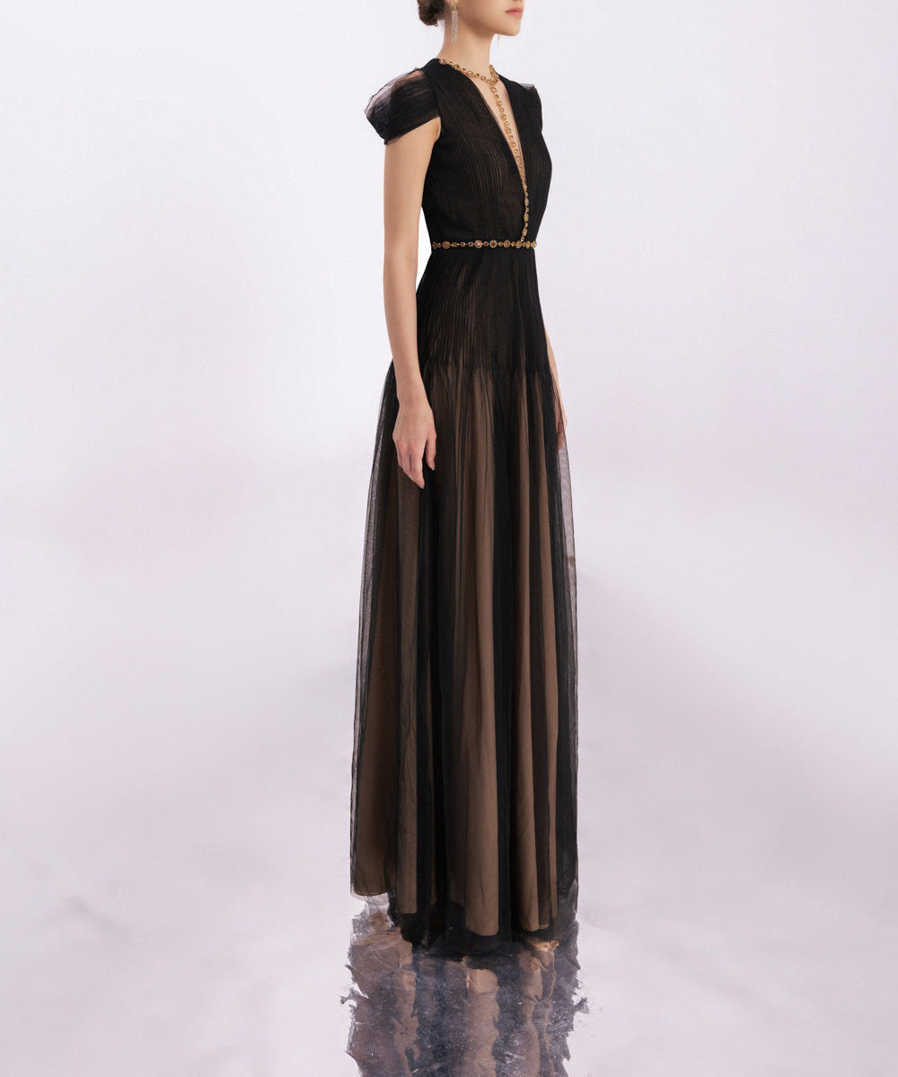 Black Pleated Tulle Deep V Gold Beaded A-Line Evening Gown