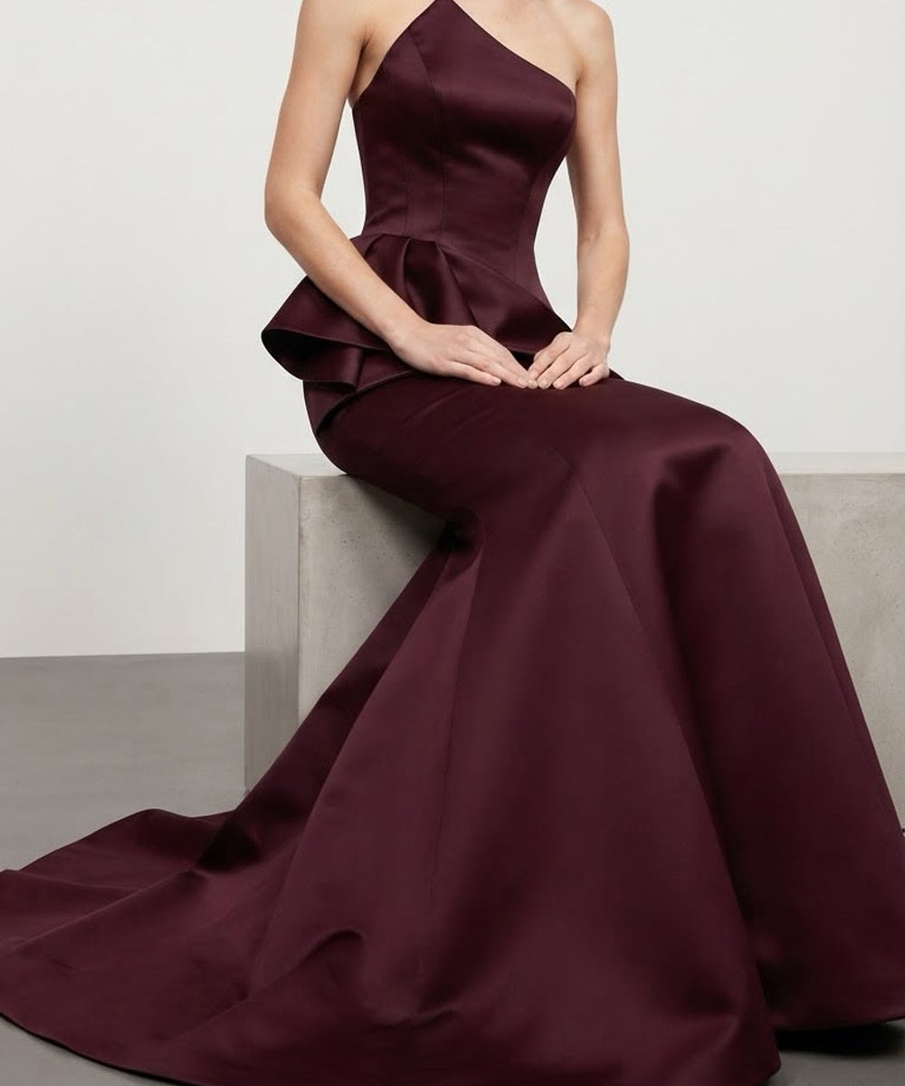 Burgundy One Shoulder Satin Mermaid Evening Gown with Statement Peplum