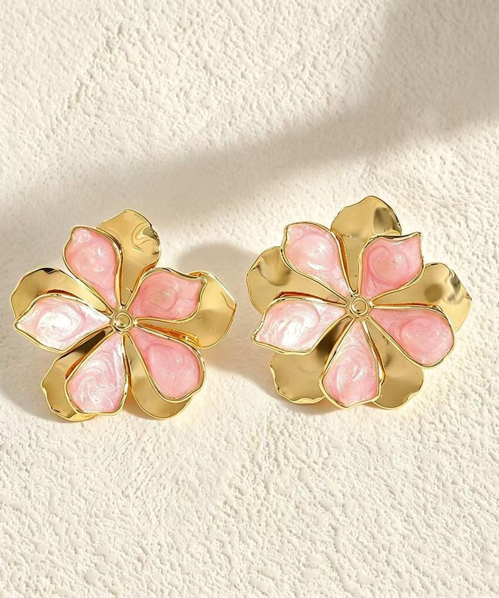 Two Layer Enamel Floral Gold Statement Stud Earrings Multi Pastel Colors