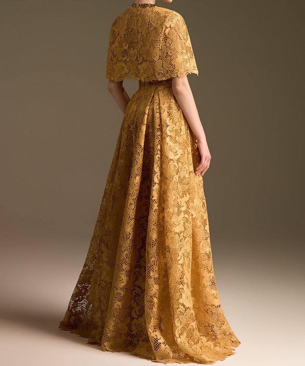 Golden Lace Cape Sleeve Maxi Formal Evening Gown