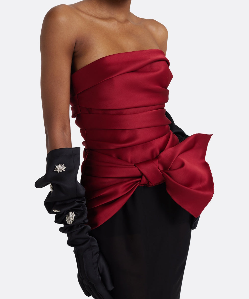 Burgundy Strapless Satin Ruched Bow Bodice Black Chiffon Mermaid Evening Gown