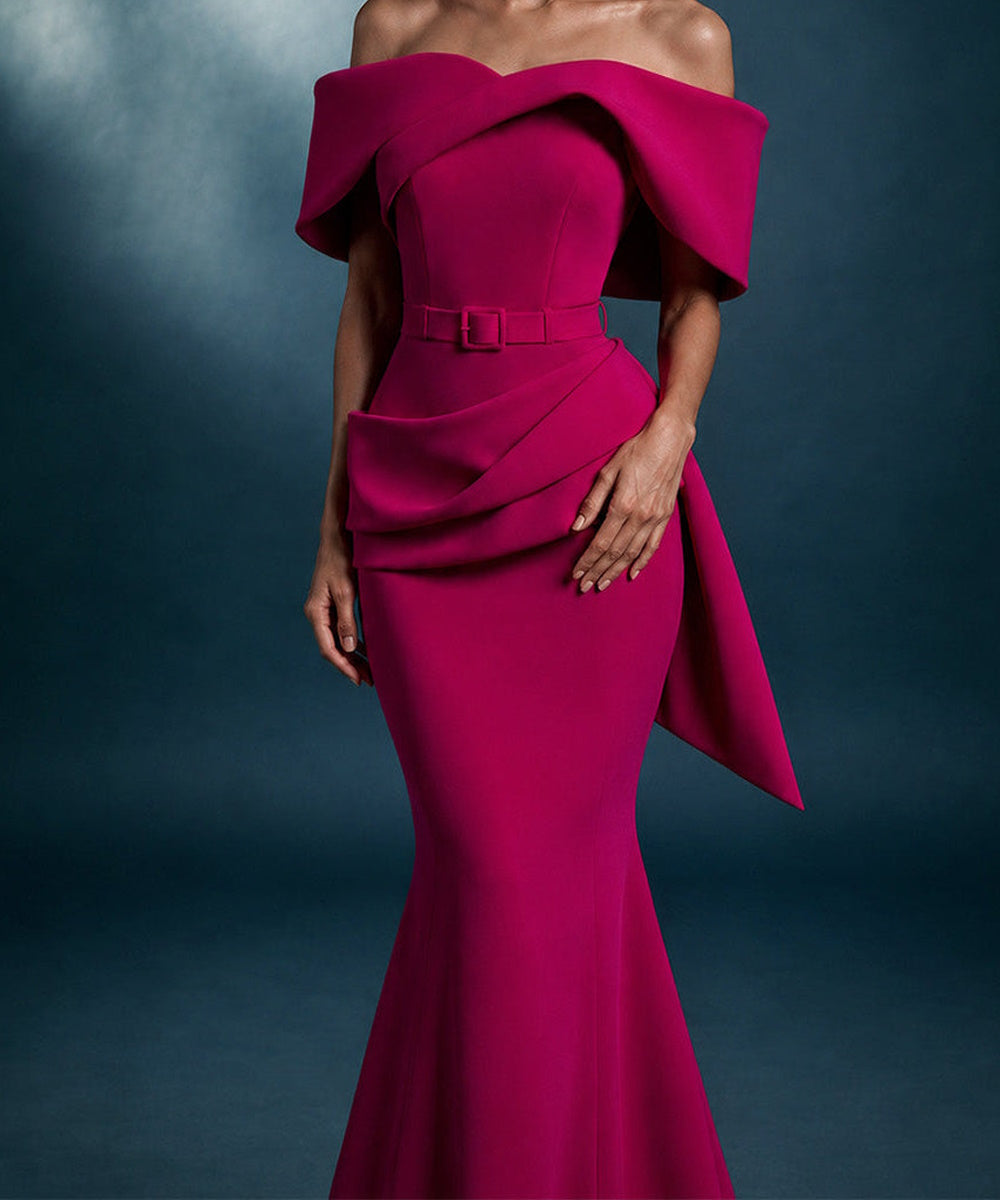 Fuchsia Off‑The‑Shoulder Draped Mermaid Evening Gown With Belt & Side Bow Detail