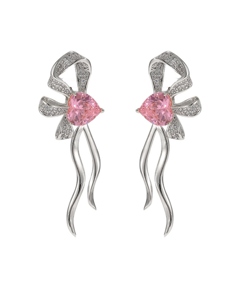 Pink Heart Crystal Pave Bow Wavy Ribbon Drop Dangle Earrings 2 Tone Gold Silver