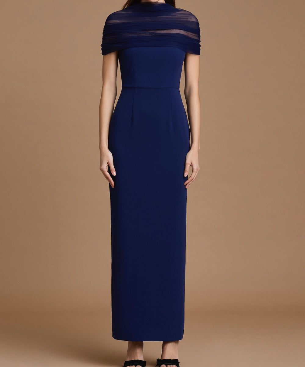 Navy Blue Draped Tulle Neck Midi Sheath Evening Dress