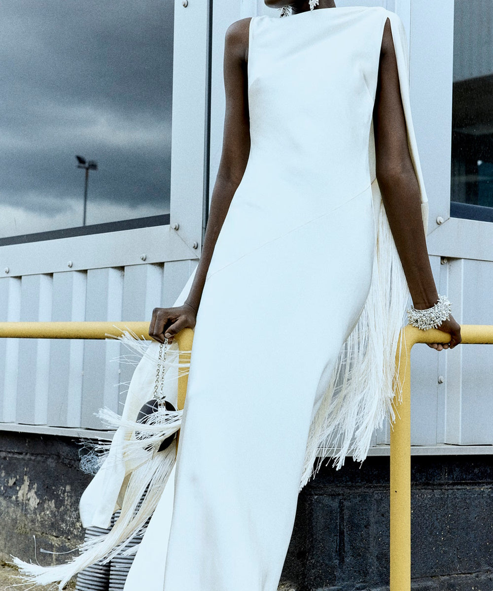 Ivory Satin High Neck Mermaid Gown with Fringe Cape Sleeve