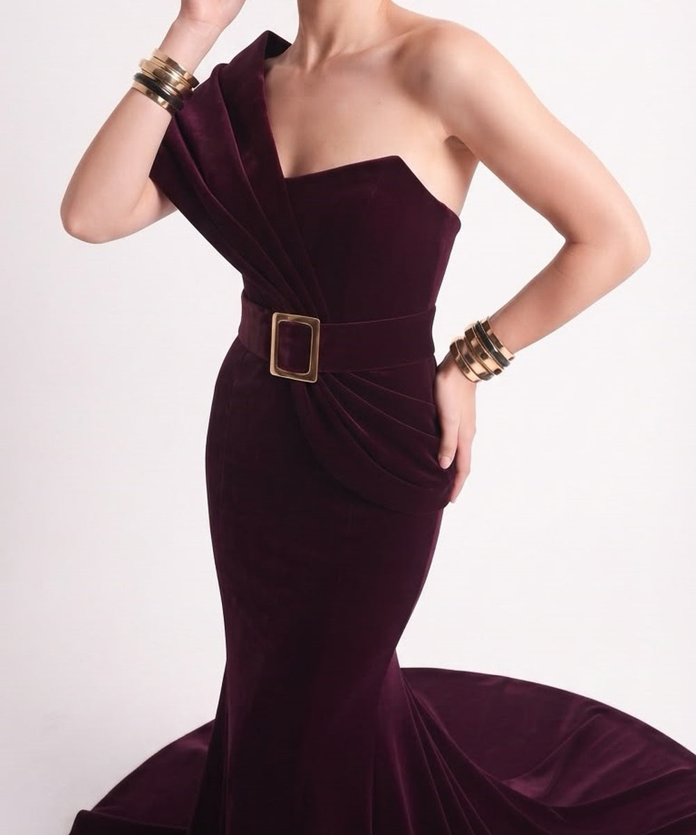 Burgundy Velvet Asymmetric One Shoulder Belted Mermaid Evening Gown with Train