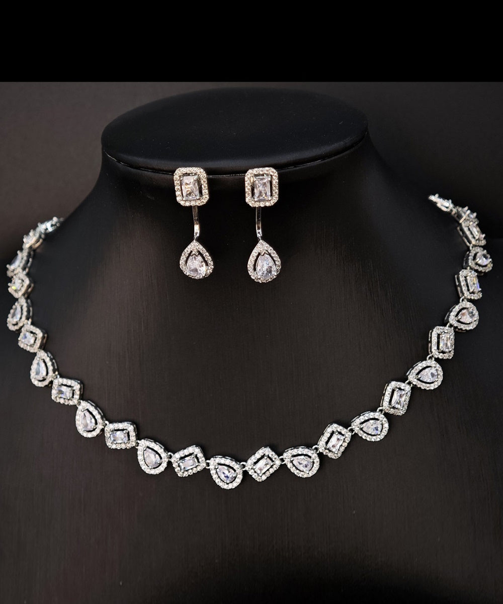 Halo Pear & Rectangle Cubic Zirconia Necklace Drop Earring Jewelry Set 2 Tones Silver Rose Gold