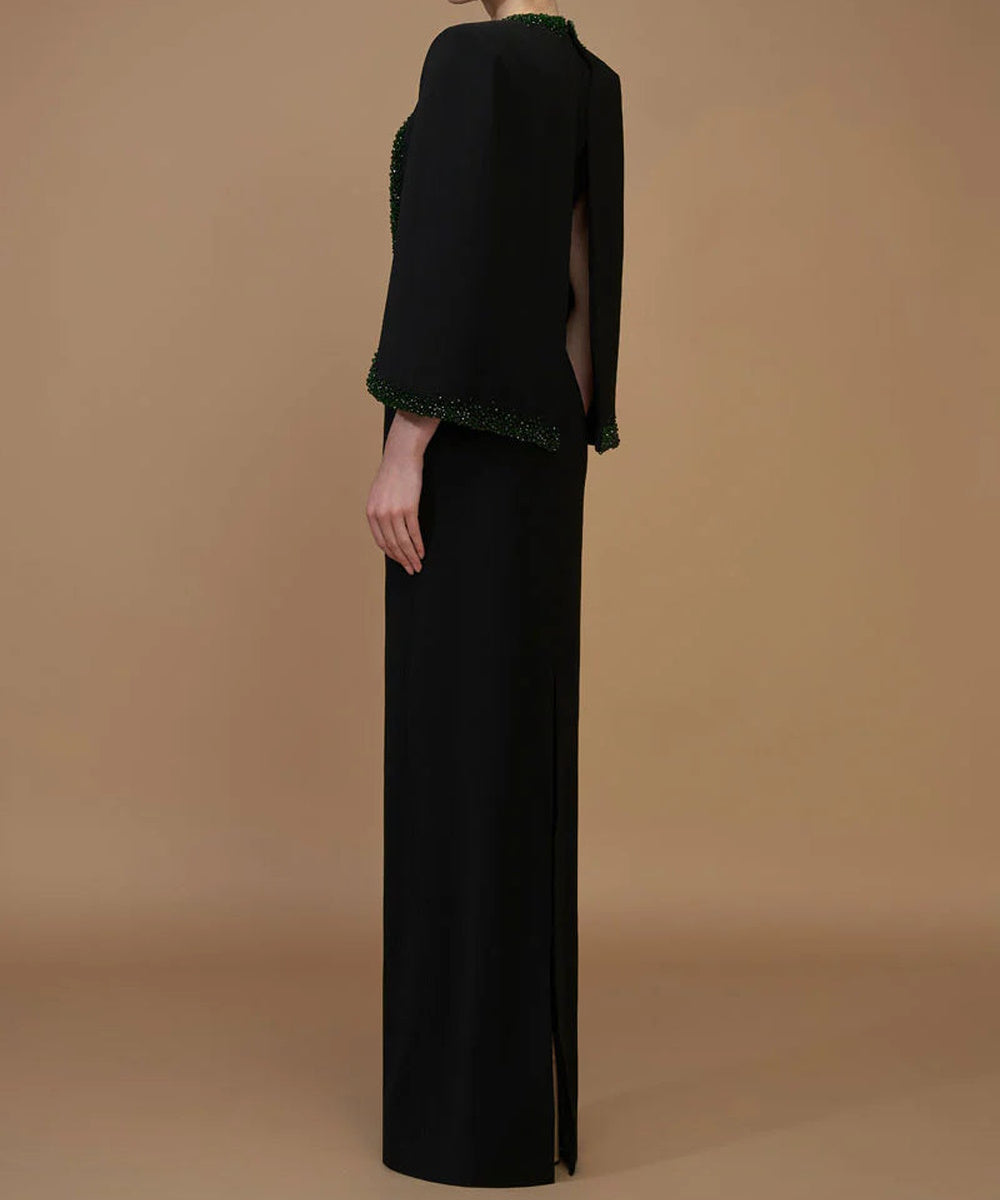 Black Deep V Cape Sleeve Emerald Green Rhinestone Waist Column Maxi Gown