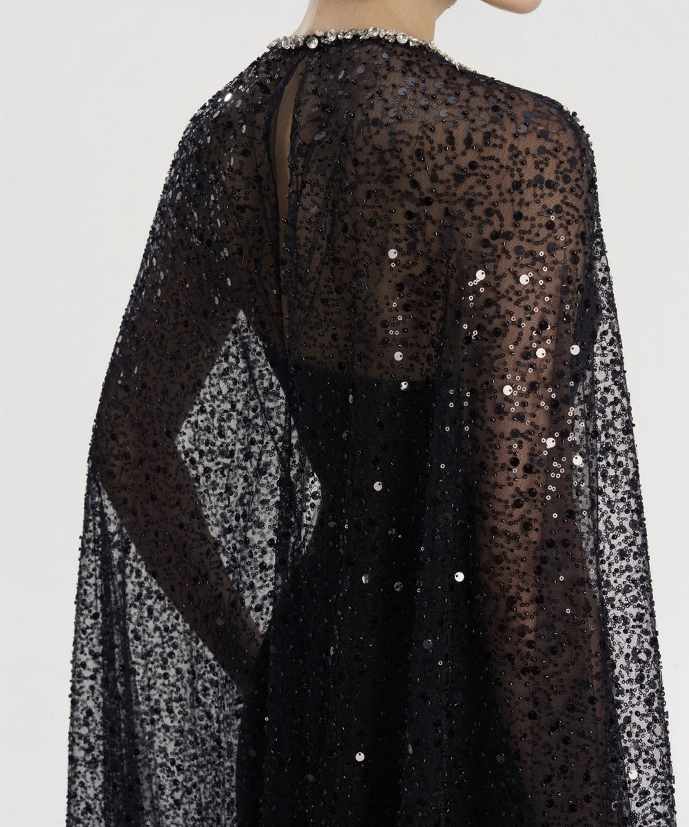 Black Beaded Cape Sleeve Mermaid Formal Evening Gown