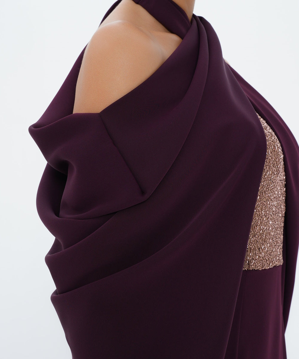 Plum Halter Cross Neck Beaded Panel Draped Long Sleeve Mermaid Evening Gown