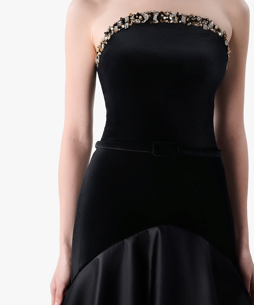 Black Strapless Beaded Velvet & Satin Ball Gown
