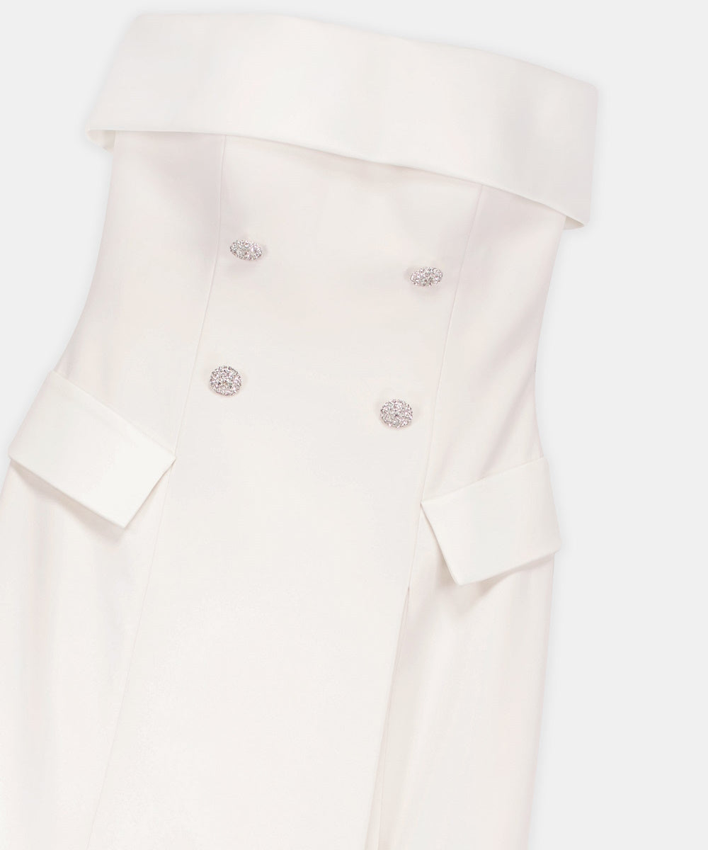White Strapless Double Breasted Crepe Evening Gown With Crystal Buttons