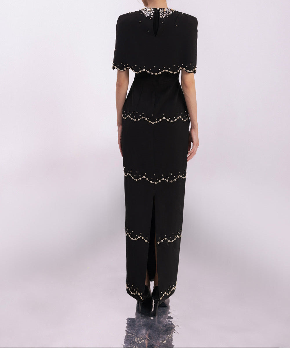Black Cape Sleeve Beaded Column Maxi Evening Gown
