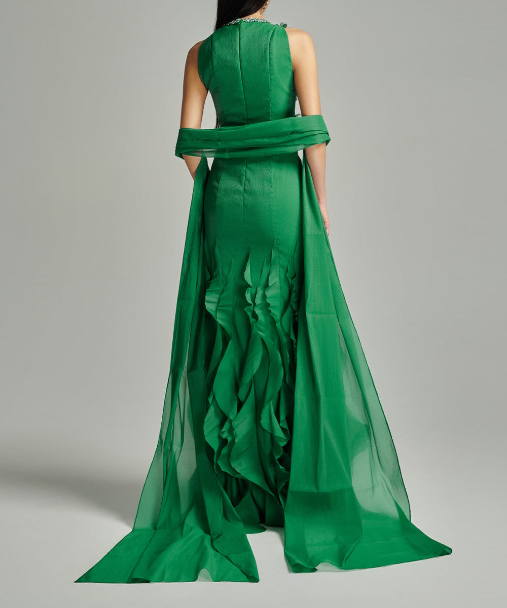 Green Sleeveless 3D Floral Beaded Ruffle Mermaid Evening Gown
