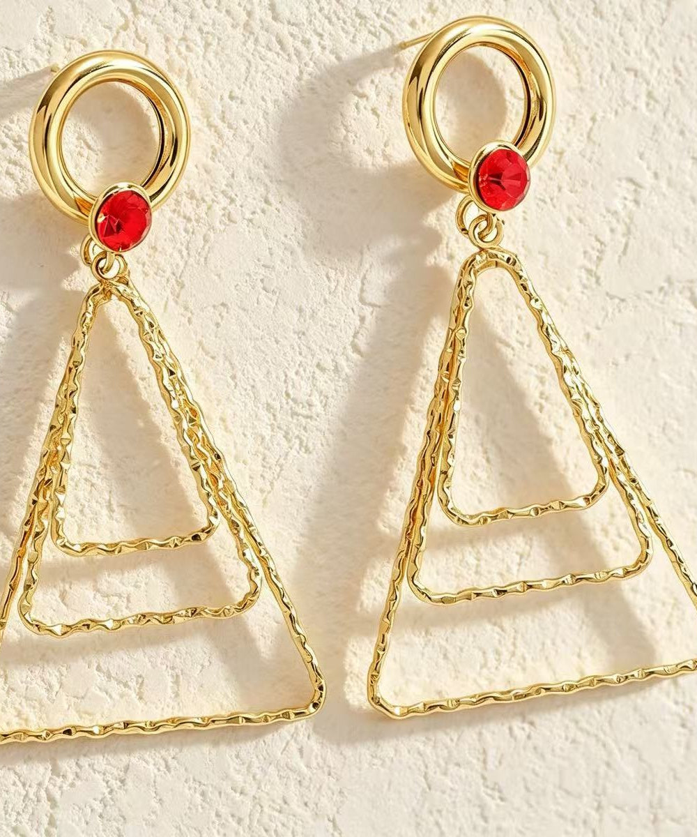 Multi Color Crystal Hammered Layer Triangle Geometric Gold Drop Earrings