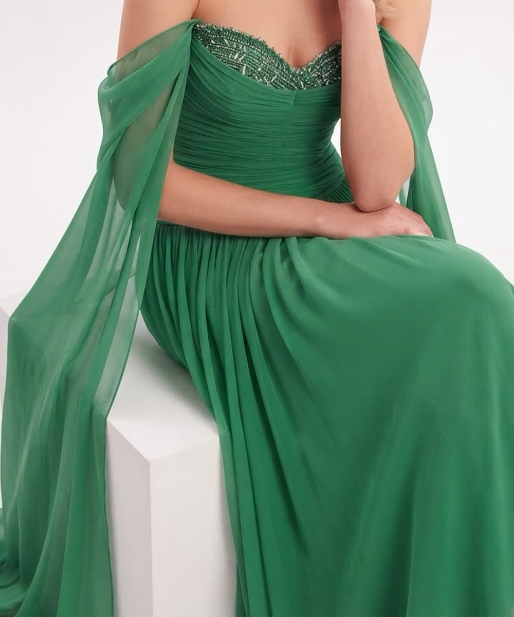 Green Off Shoulder Chiffon Evening Gown with Beaded Sweetheart Neck & Flowing Cape Sleeves