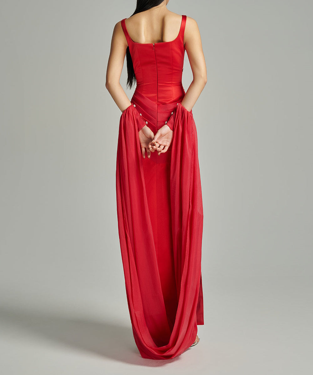 Red Square Neck Satin Midi Evening Dress With Flowy Chiffon Cape & Rhinestone Embellishment