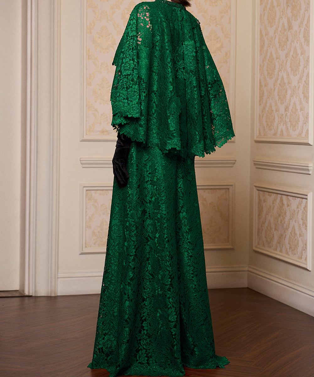 Emerald Green Lace Cape Maxi Formal Evening Gown With Belt