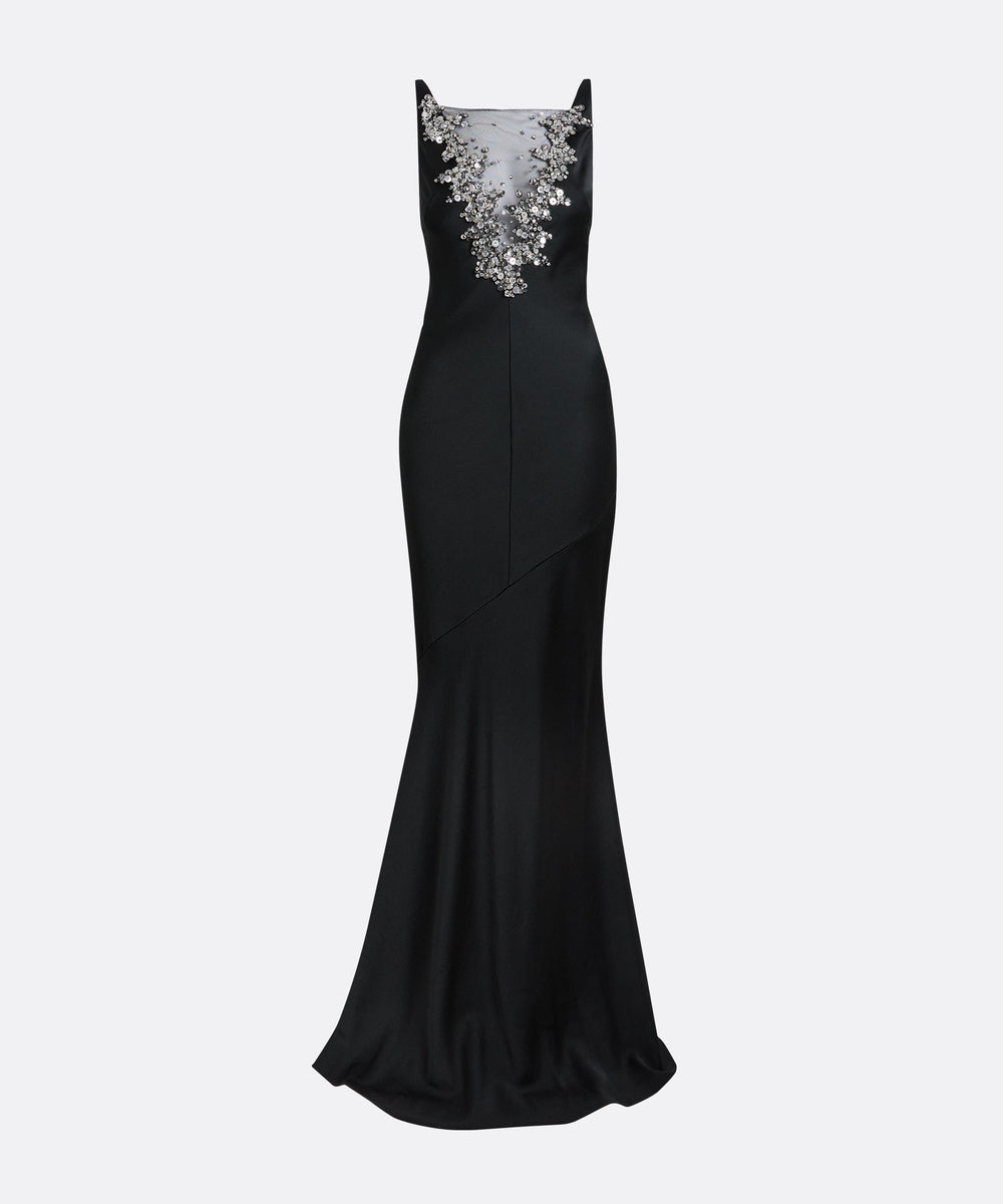 Black Sleeveless Beaded Mesh Illusion Mermaid Satin Evening Gown