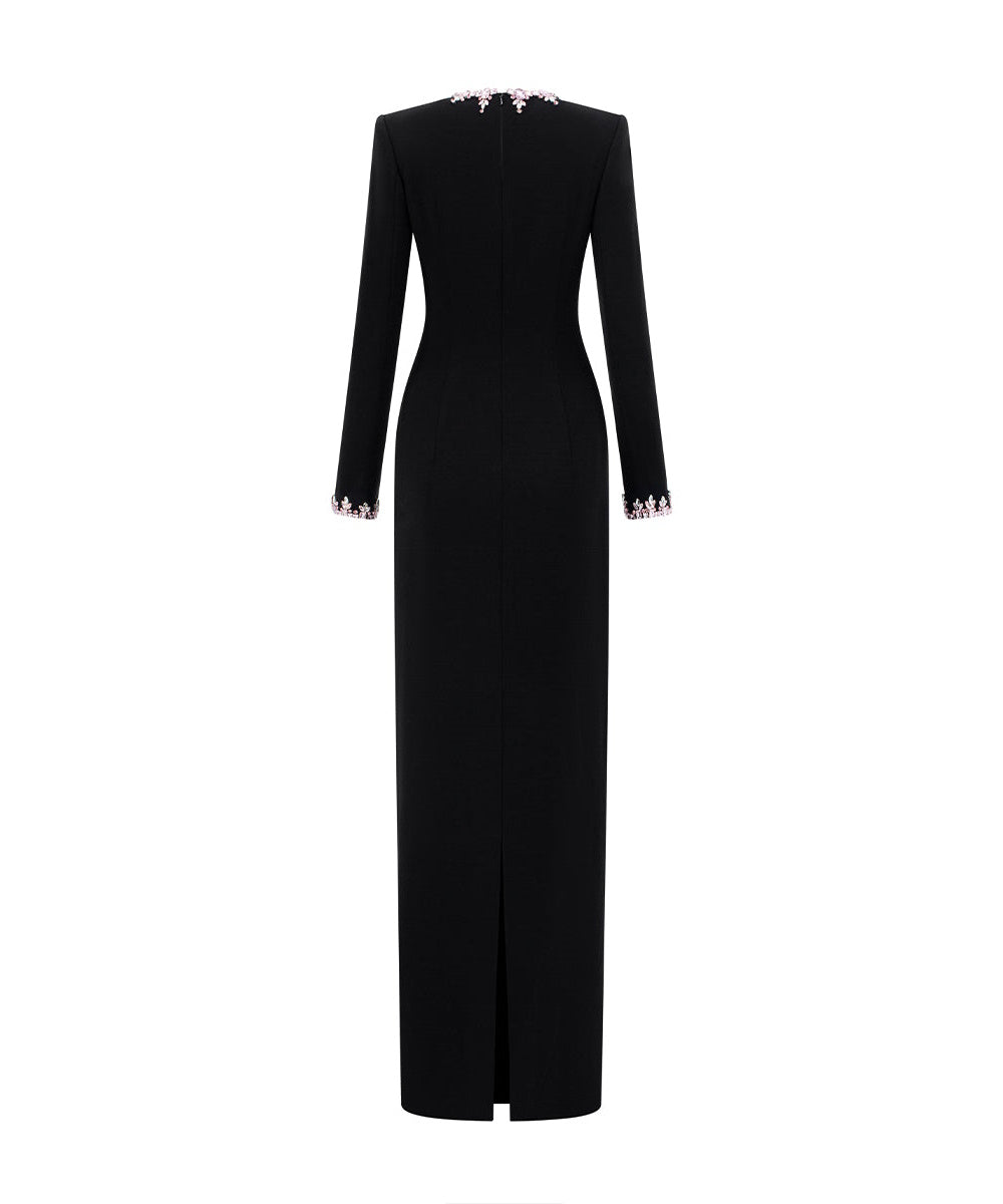 Black Long Sleeve High Neck Maxi Evening Gown With Pink Crystal Embellishments