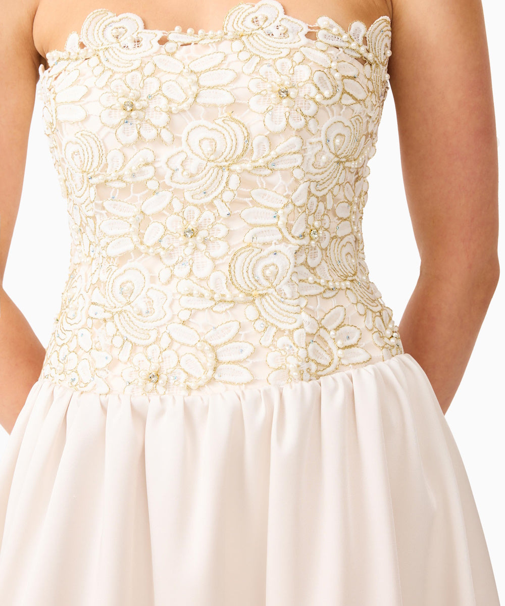 Strapless Floral Lace Beaded Midi Wedding Guest Dress With Removable Spaghetti Straps