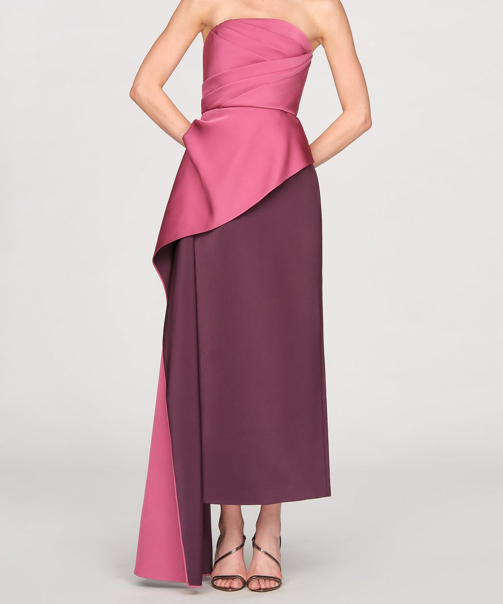 Strapless Two-Tone Satin Draped Midi Formal Gown