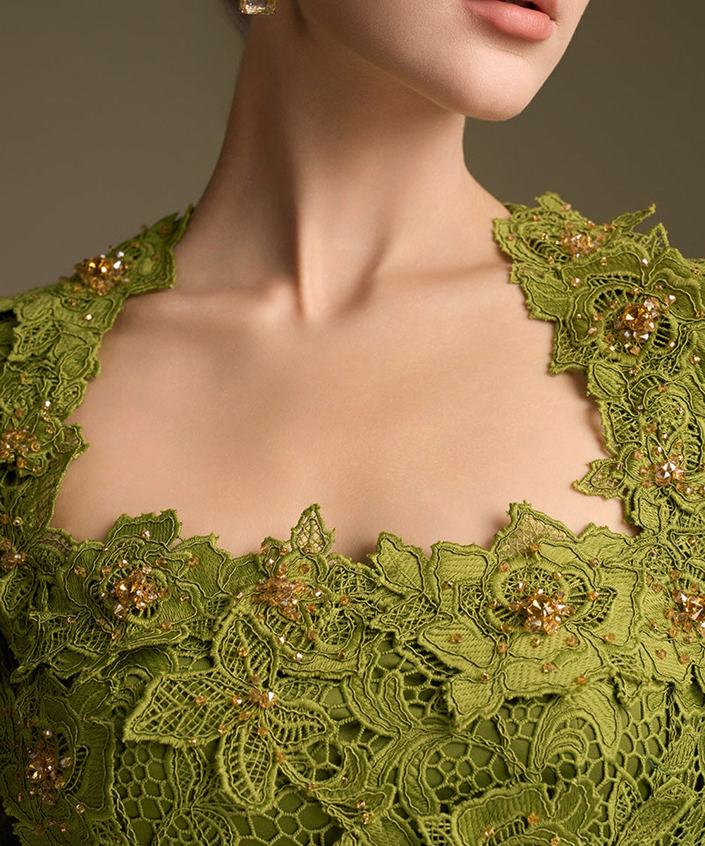 Olive Green Square Neck Long Sleeve Lace A-Line Evening Gown With Satin Belt