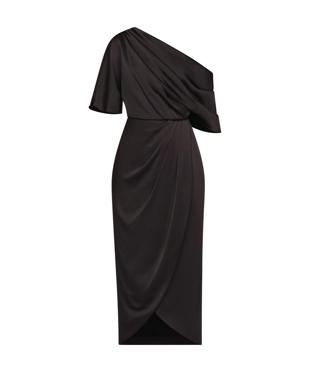 One Shoulder Draped Satin Midi Formal Dress