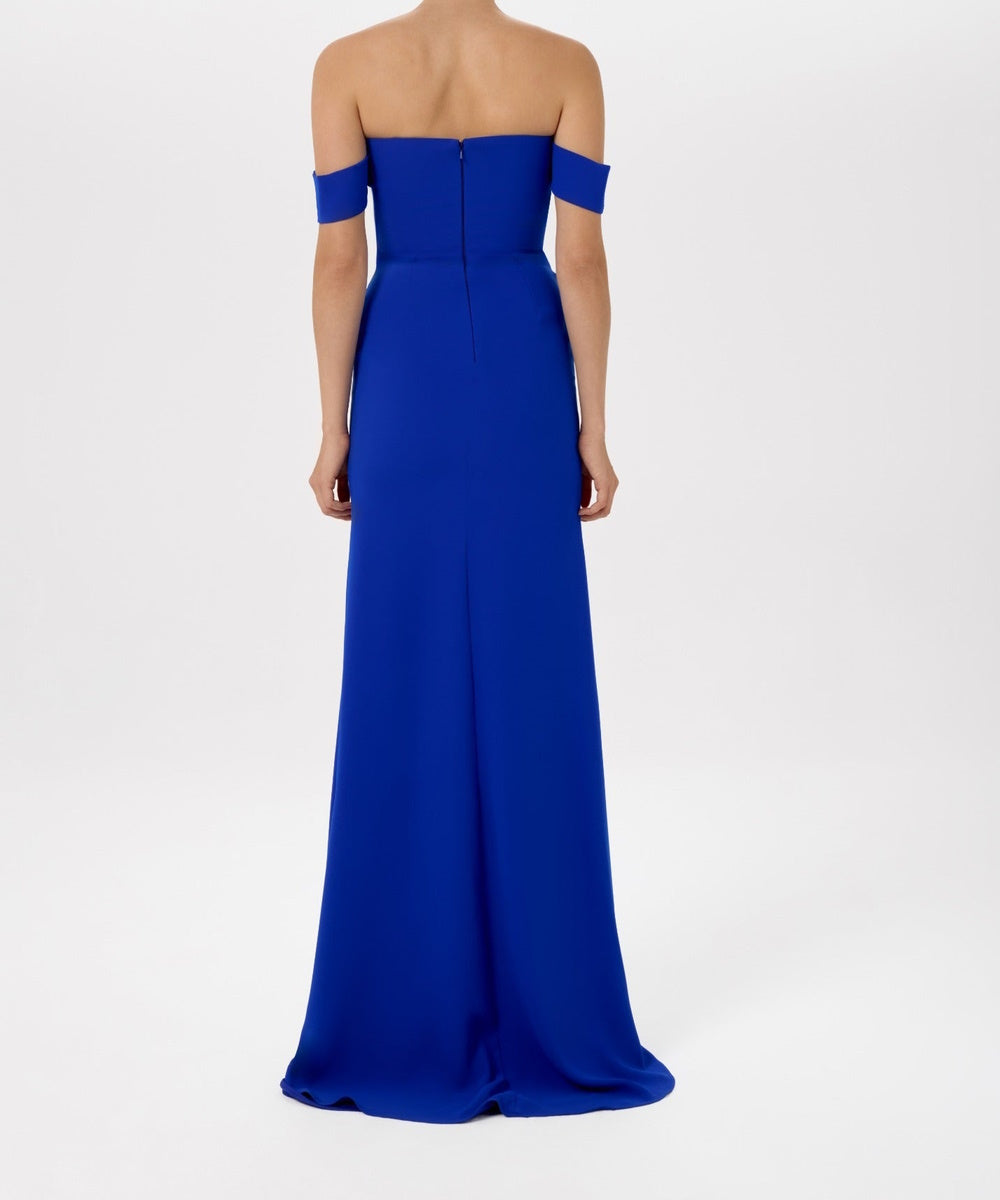 Strapless Royal Blue Slit Formal Gown With Detachable Beaded Tulle Cape