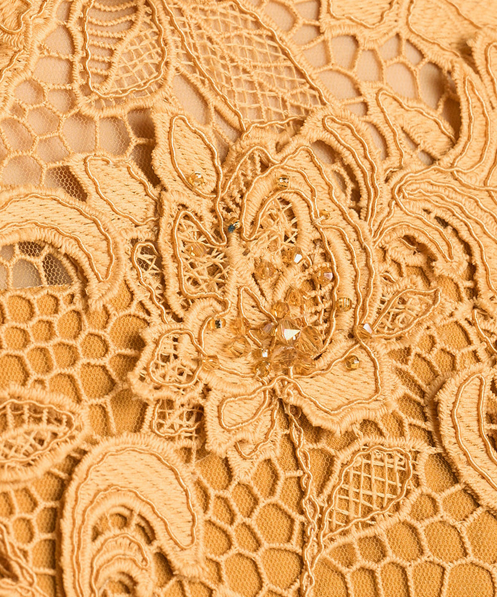 Golden Lace High Neck Long Sleeve Mermaid Formal Evening Gown