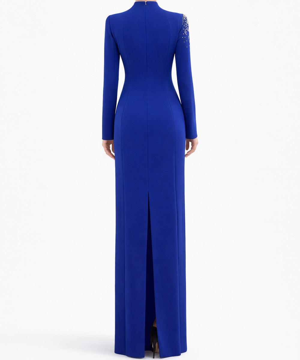 Royal Blue Cutout Neck Rhinestone Long Sleeve Mermaid Maxi Evening Gown