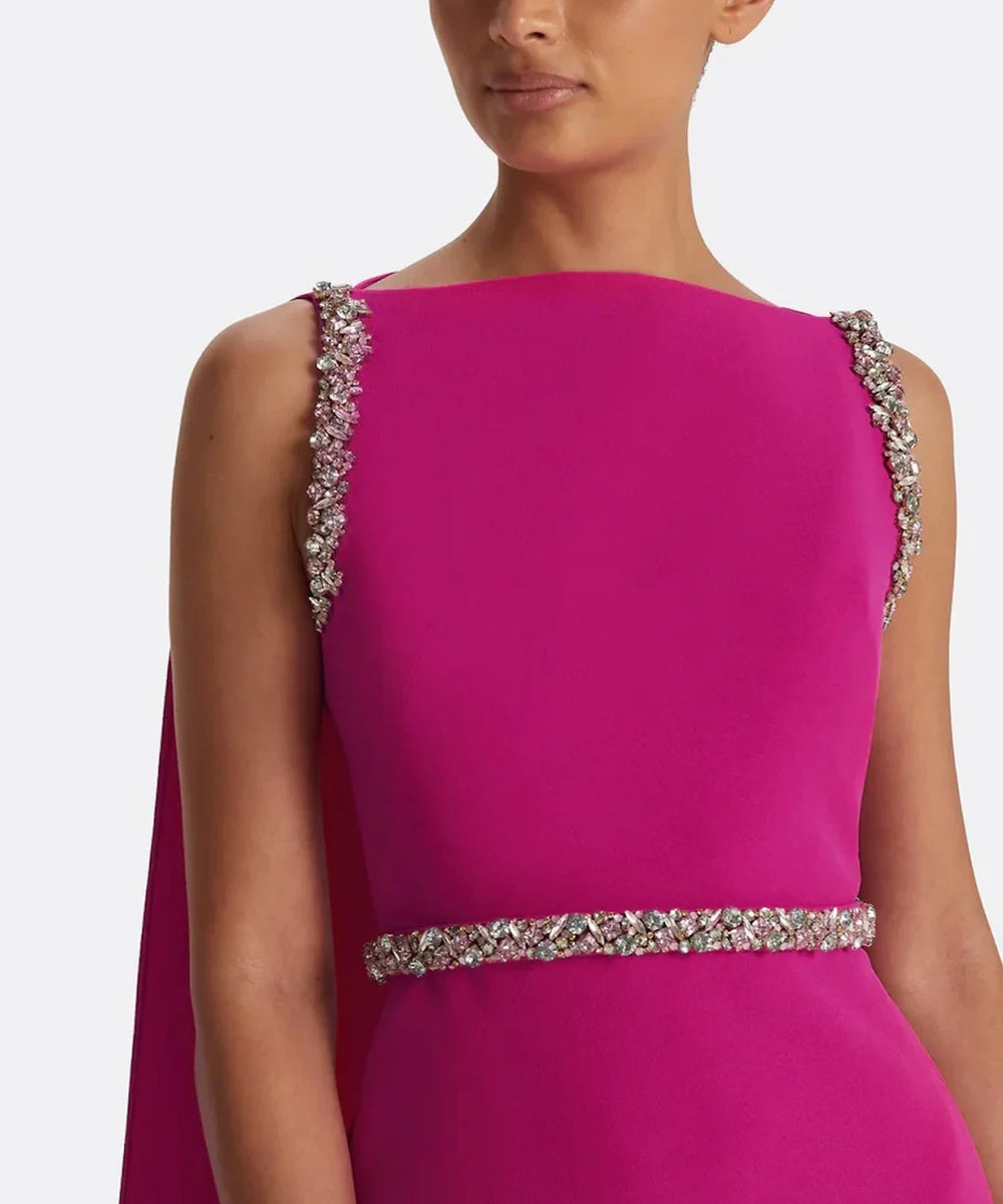 Fuchsia Boat Neck Crystal Trim Cape Sleeve Mermaid Maxi Evening Gown