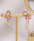Pink Heart Crystal Pave Bow Wavy Ribbon Drop Dangle Earrings 2 Tone Gold Silver