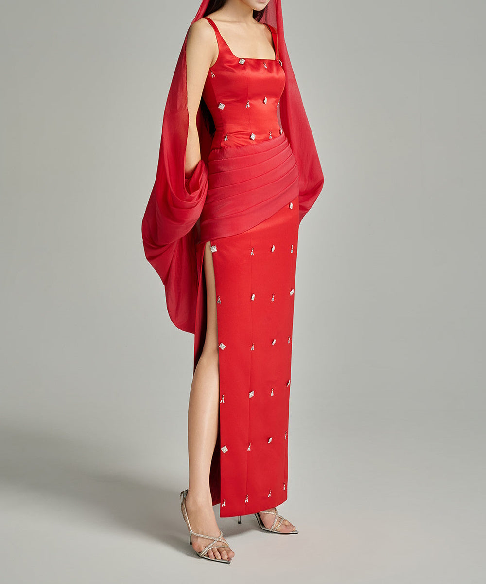 Red Square Neck Satin Midi Evening Dress With Flowy Chiffon Cape & Rhinestone Embellishment