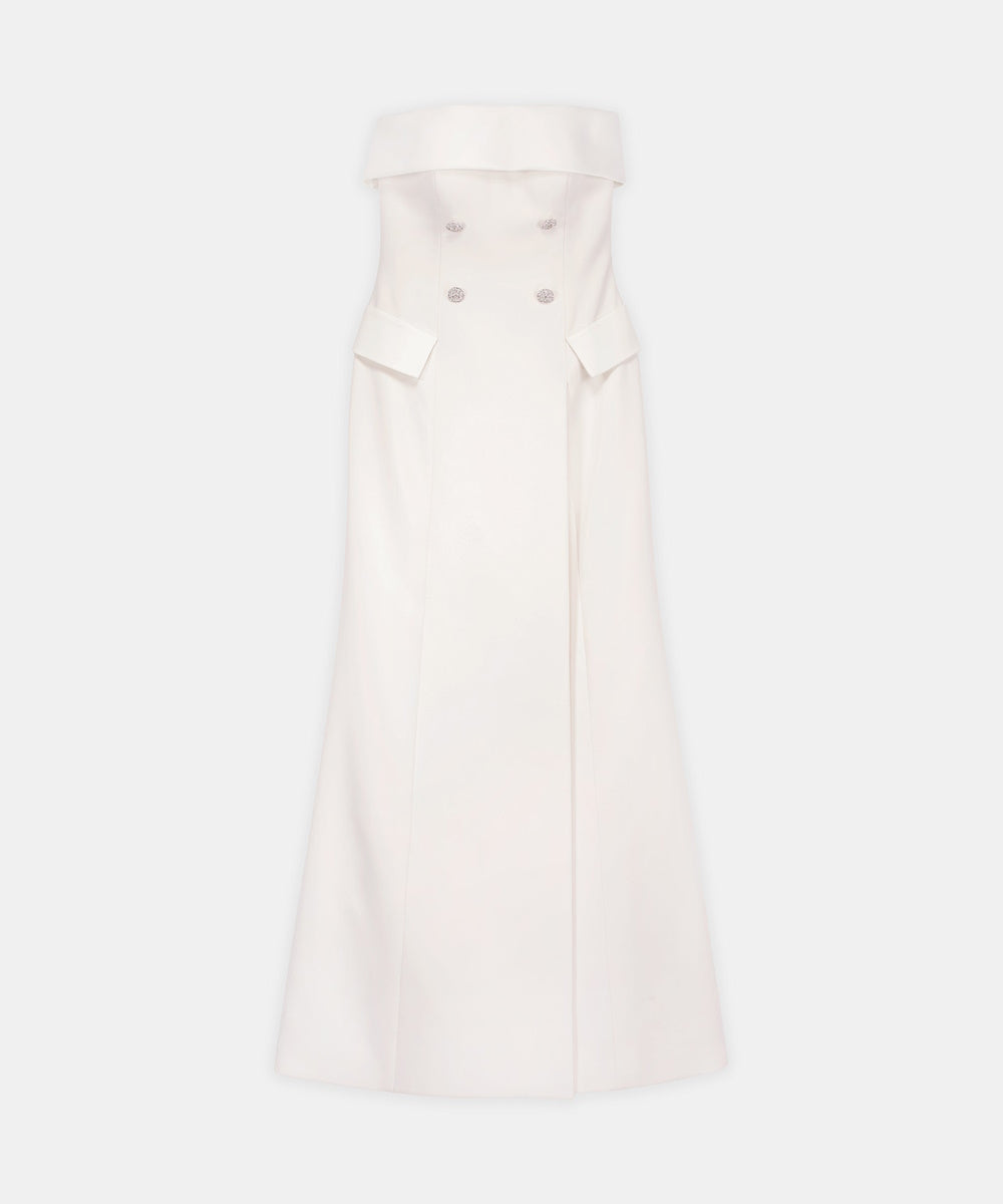 White Strapless Double Breasted Crepe Evening Gown With Crystal Buttons
