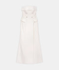 White Strapless Double Breasted Crepe Evening Gown With Crystal Buttons