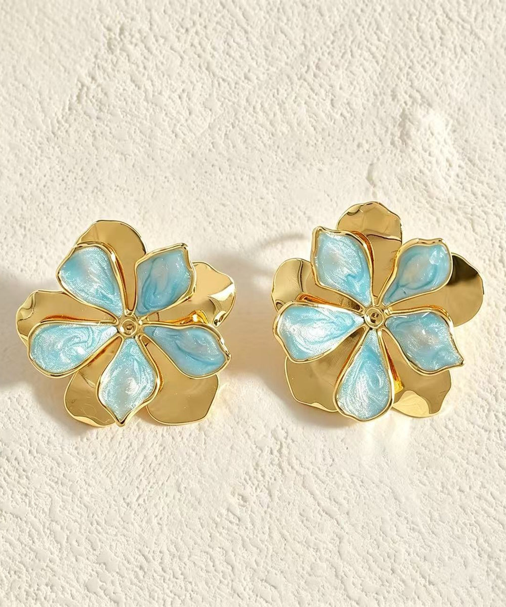 Two Layer Enamel Floral Gold Statement Stud Earrings Multi Pastel Colors