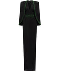 Black Deep V Cape Sleeve Emerald Green Rhinestone Waist Column Maxi Gown