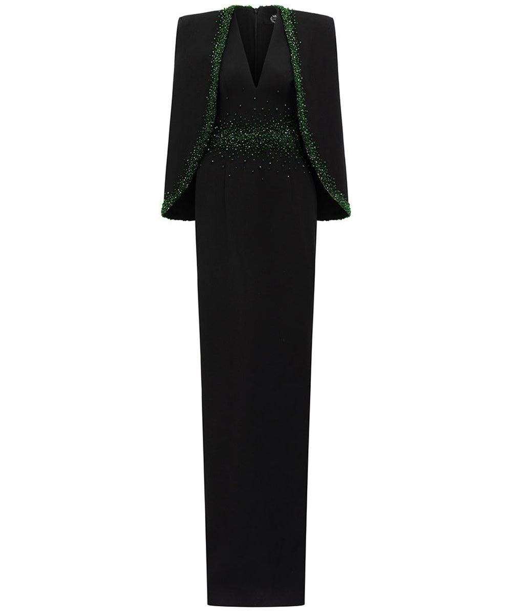 Black Deep V Cape Sleeve Emerald Green Rhinestone Waist Column Maxi Gown