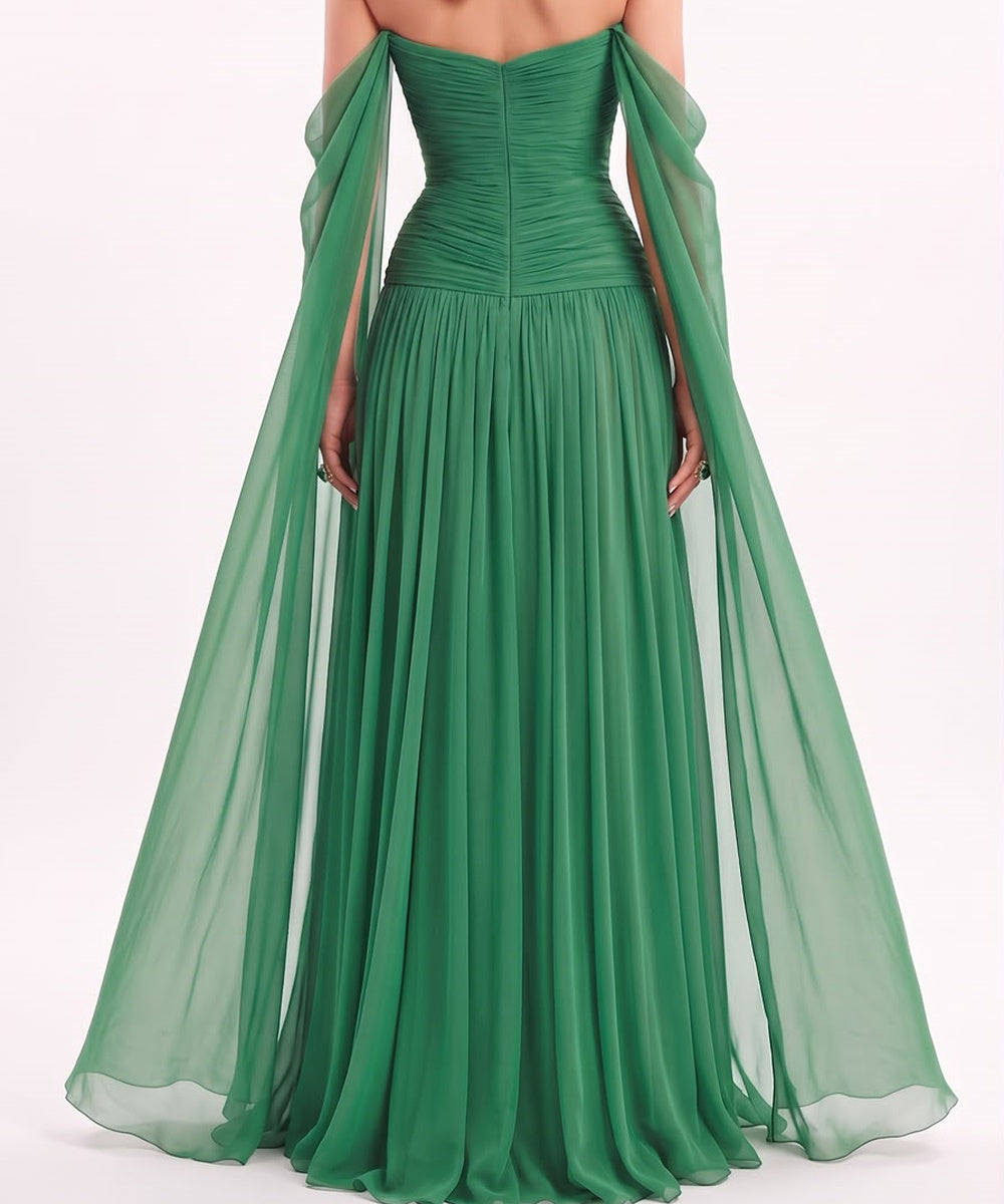 Green Off Shoulder Chiffon Evening Gown with Beaded Sweetheart Neck & Flowing Cape Sleeves