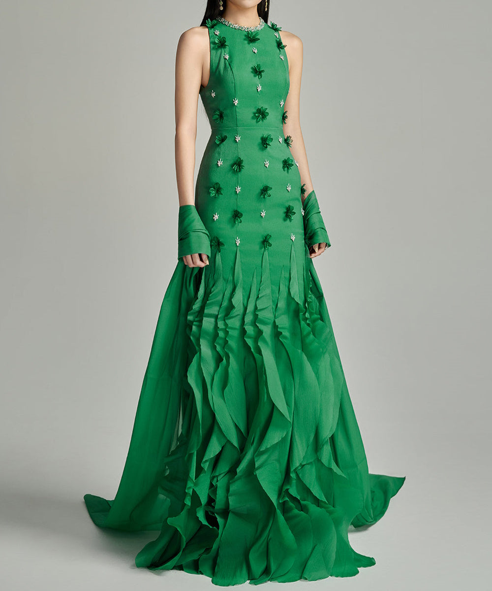 Green Sleeveless 3D Floral Beaded Ruffle Mermaid Evening Gown