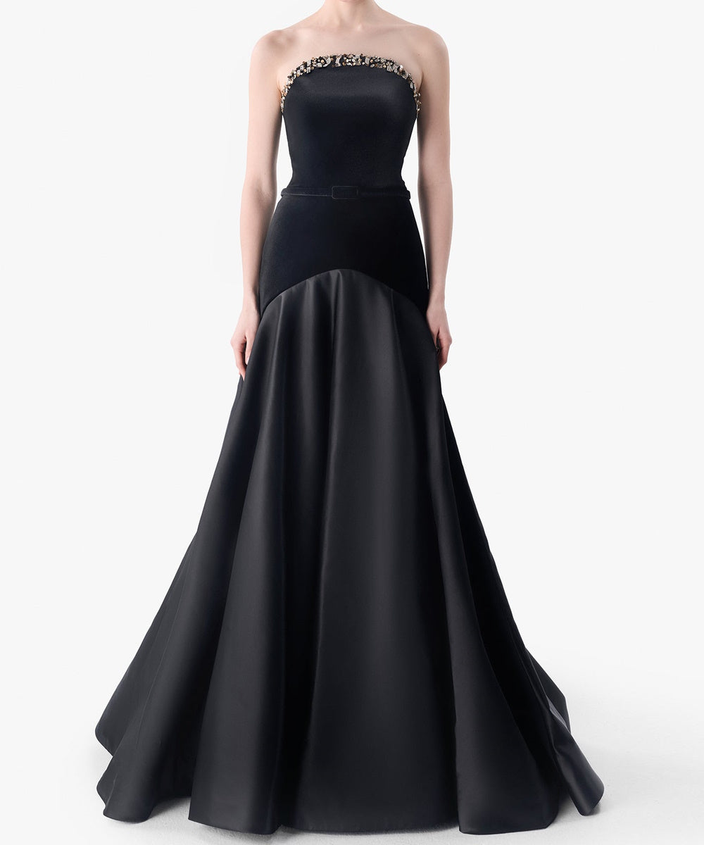 Black Strapless Beaded Velvet & Satin Ball Gown